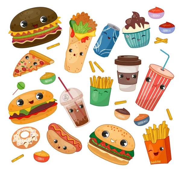 Fast food set. Hamburger, pizza slice and hot dog. Donut and french fries, soda and coffee. Junk, fatty and unhelathy products character. Cartoon flat vector illustrations isolated on white background