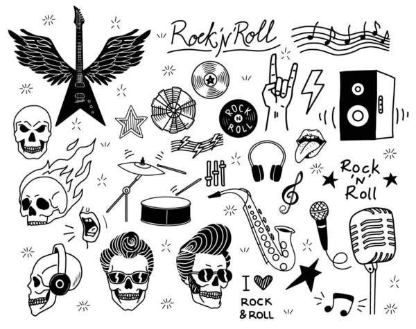 Rock Roll Aufkleber Set Vorhanden Punkmusik Sammlung Totenköpfe Gitarre Kopfhörer — Stockvektor