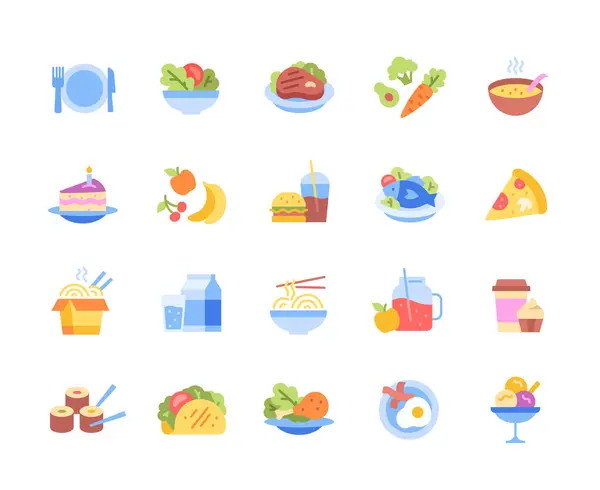 Set Van Kleurrijke Voedsel Pictogrammen Verzameling Van Gerechten Ijsbal Fruit — Stockvector
