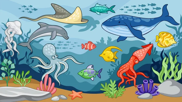 Concepto Ecosistema Marino Ballena Delfines Pulpo Calamares Medusas Peces Bajo — Archivo Imágenes Vectoriales