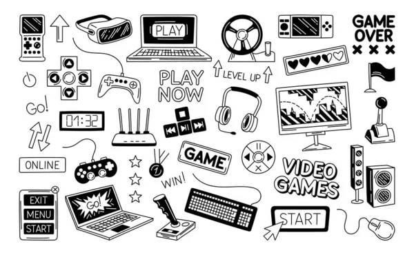 Video Oyunları Kara Çıkartma Seti Kumanda Kumanda Kolleksiyonu Bilgisayar Dizüstü — Stok Vektör