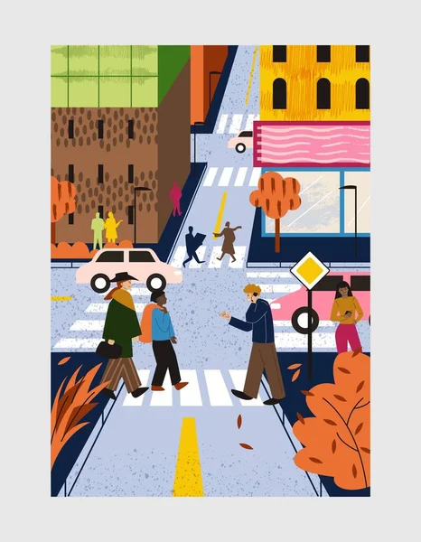 大城市里的行人 男人和女人过马路 城市基础设施和有交通的公路 城市生活方式和景观 城市景观和居民海报 卡通平面矢量插图 — 图库矢量图片