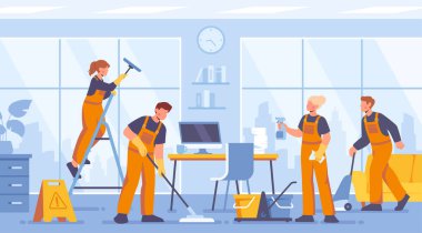 Cleaning workers concept. Men and women in uniform with mop and bucket of cleaning agent in office. Characters dusting, mopping floor and tidying up room. Cartoon flat vector illustration clipart