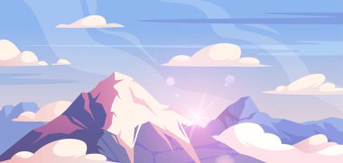 Dağlı bir panorama. Güzel doğal manzara, bulutlu mavi gökyüzünün altında beyaz karlı tepeler. Buzlu kaya menzili zirvesi. Dağ zirvesi kış sahnesi. Çizgi film düz vektör çizimi