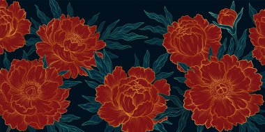 Doğrusal kırmızı şakayıklar. Estetik, lüks ve zarif organik altyapı. Güzel çiçekler, yeşil yapraklar ve çiçek açan bitkiler. Web sitesi afişi ya da afişi. Çizgi film düz vektör çizimi