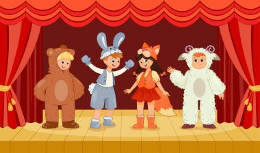 Çocuklu tiyatro sahnesi. Hayvan kostümlü kız ve erkekler sahne arkasında kırmızı perdenin karşısında dururlar. Küçük aktörlerin okul performansı. Çocuklar için eğlence. Çizgi film düz vektör çizimi