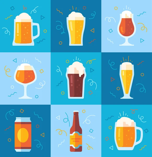 一套啤酒 收集玻璃杯 杯子和带泡沫酒精饮料的瓶子 海报或横幅的背景 在蓝色背景上孤立的卡通平面矢量插图 — 图库矢量图片