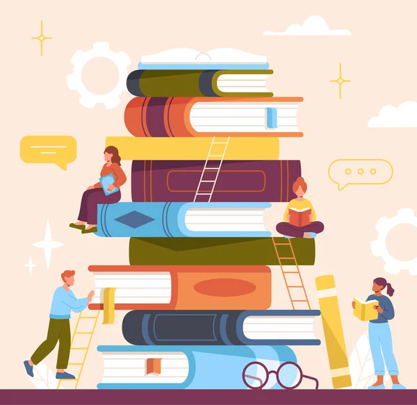 Pessoas Com Livros Estudantes Com Grandes Livros Didáticos Educação Aprendizagem —  Vetores de Stock