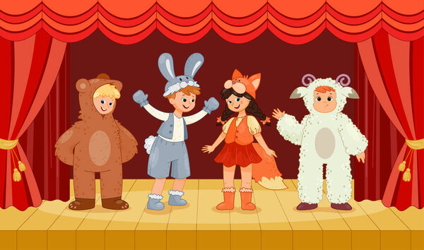 Theatrical scene with children. Boys and girl in animal costumes stand on stage against background of red curtain. School performance of small actors. Fun for kids. Cartoon flat vector illustration