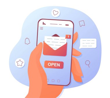 Yeni e-posta bildirimi. İnternet, iletişim ve etkileşim üzerine iş yazışmaları. Akıllı telefon için program ve uygulama arayüzü. Okunmamış mesaj. Çizgi film düz vektör çizimi
