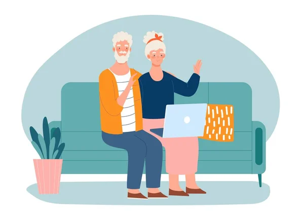 Älteres Paar Kommuniziert Großmutter Und Großvater Sitzen Mit Laptop Und — Stockvektor