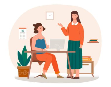 Masada insanlar konuşur. Kadın patron astına tavsiye eder, talimat verir. Etkili iş akışı organizasyonu, yönetici ve çalışan. Beyin fırtınası, tartışma. Çizgi film düz vektör çizimi