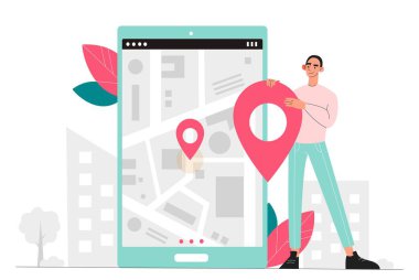 Adresi olan adam. Ekranda haritası olan akıllı telefonun yanında coğrafi konum etiketi olan genç adam. Navigasyon ve konum belirleme, GPS.