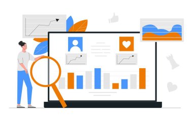 Sosyal ağ tanıtımı konsepti. Büyüteci olan kadın grafikleri ve şemaları analiz ediyor. Aalist pazar araştırması yapıyor. Malların internette tanıtımı. Çizgi film düz vektör çizimi