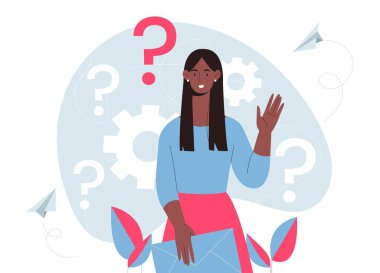 İş kadını soru soruyor. Dişlilerin arka planında genç bir kız. Girişimci sorunu çözer, çözüm arar. Dersteki öğrenci, Webinar ya da Master sınıfı. Çizgi film düz vektör çizimi