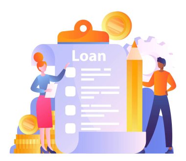 Övgü kavramı. Kalem kontratının yanında duran kadın ve erkek. Mali okur yazarlık ve gelir ve giderlerin değerlendirilmesi, yönetim. Çizgi film düz vektör çizimi