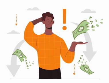 Adam para kaybediyor. Yırtık banknotlarla ayakta duran adam, enflasyon. Finansal cahillik, küresel ekonomik kriz ve durgunluk. İflası olan başarısız bir iş adamı. Çizgi film düz vektör çizimi