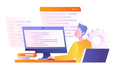 Bilgisayarda çalışan bir adam. Genç adam ekranın önünde kod satırlarıyla oturuyor. Programcı ve bilişim uzmanı.