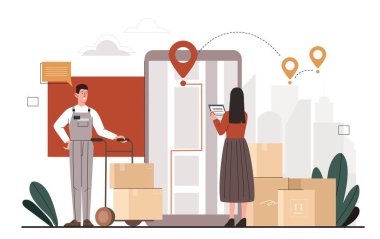 Depo müdürü konsepti. Akıllı telefon planlama güzergahının yakınında kutuları olan bir adam ve kadın. Mallar, paketler ve online alışveriş. Ulaşım ve lojistik. Çizgi film düz vektör çizimi