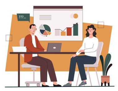 Stratejik danışmanlık konsepti. Kadın ve erkek, grafiklerin ve diyagramların arka planında masada oturuyor. Analistten tavsiye, beyin fırtınası, iş geliştirme. Çizgi film düz vektör çizimi