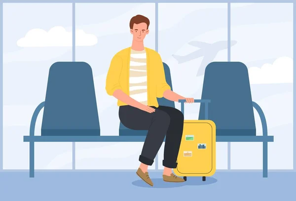 Conceito Espera Passageiros Homem Sentado Aeroporto Com Mochila Amarela Sala — Vetor de Stock