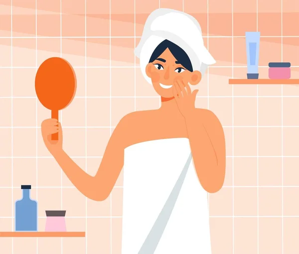 Woman Looking Mirror Young Girl Towel Stands Bathroom Smiles Beauty — Stock Vector