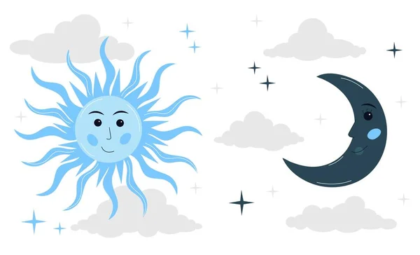 太阳和月亮 白天黑夜的象征 气象预报的设计要素 用于程序和应用程序的信息图形和接口 卡通平面矢量插图 — 图库矢量图片