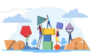 İş arkadaşı takım çalışması konsepti. Erkekler ve kadınlar geometrik şekiller inşa ederler. Verimli iş ve iş akışı için işbirliği, ortaklık. İnsanlar projede çalışıyor. Çizgi film düz vektör çizimi