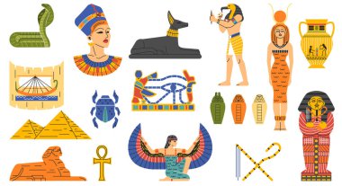 Eski Mısır koleksiyonu. Geleneksel seramik biblo seti. Paleontoloji ve arkeoloji. Piramit, Firavun, Sfenks, Kleopatra ve Nefertiti. Çizgi film düz vektör çizimleri beyaz üzerinde izole