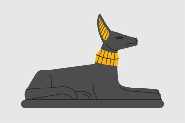 Mısır köpek heykeli. Altın ve siyah Anubis. Afrikalı, mimari gelenek ve kültür. Altın kolyeli siyah çakal. Çizgi film düz vektör çizimi