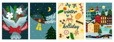 Kış seti için posterler. Tebrik kartı koleksiyonu. Buket, kar altında evler ve yolda arabalar. Yılbaşı ve Noel. Beyaz arkaplanda izole edilmiş çizgi film düz vektör çizimleri