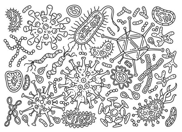 Conjunto Bactérias Linhagem Doodle Coleta Micróbios Vírus Organismo Patógeno Microrganismo — Vetor de Stock
