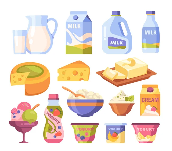 Conjunto Produtos Lácteos Coleção Queijos Leite Embalagens Iogurte Frutas Manteiga — Vetor de Stock