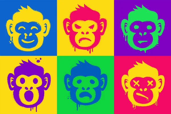 Monkey Graffity Set Artwork Nft Trading Collection Animal Silhouettes Colorful — Stock Vector