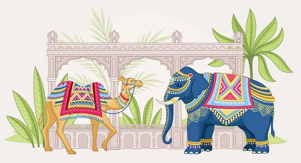 Могольский Слон Верблюд Концепция Традиционный Индийский Праздник Дикие Животные Традиционных — стоковый вектор