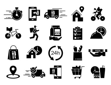 Dağıtım simgeleri ayarlandı. Web sitesi için grafik elementlerin toplanması. Lojistik ve ulaşım, paket taşıyan kurye. Beyaz arkaplanda izole edilmiş çizgi film düz vektör çizimleri