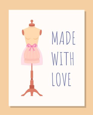 Manken posteri konsepti. Elbise ya da pembe etek. Giysi ve ölçü denemeleri için envanter. Moda, moda ve tarz. Web sitesi afişi ya da afişi. Çizgi film düz vektör çizimi