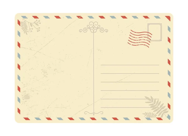 米色明信片或信封 带有邮戳和邮票的信件和邮件 商务信函和国际交流 卡通平面矢量插图 — 图库矢量图片