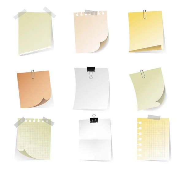 Gerçekçi Kağıt Seti Ğneli Renkli Defteri Kağıtları Koleksiyonu Notlar Planlama — Stok Vektör