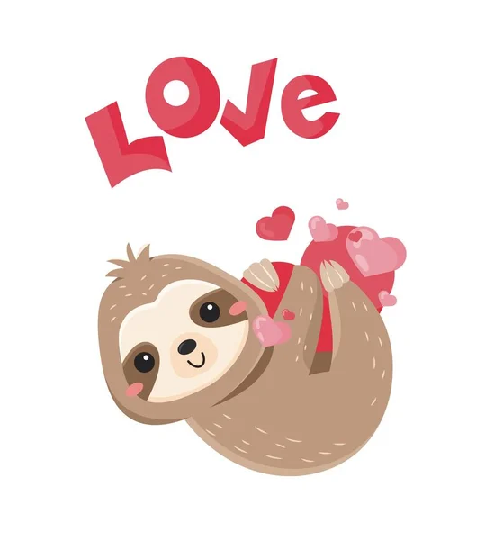 可爱的树懒与爱 情人节可爱的动物 性格拥抱心灵 明信片的设计元素 爱和关心 卡通平面矢量插图 — 图库矢量图片
