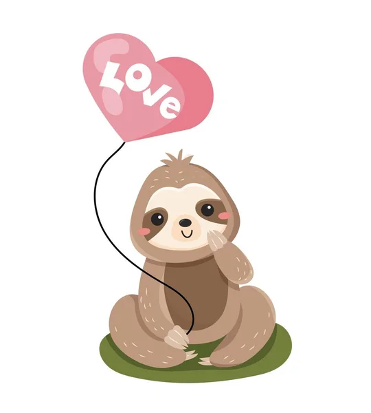 Cute Sloths Heart Air Balloon Adorable Animal Valentines Day Love — Stock Vector
