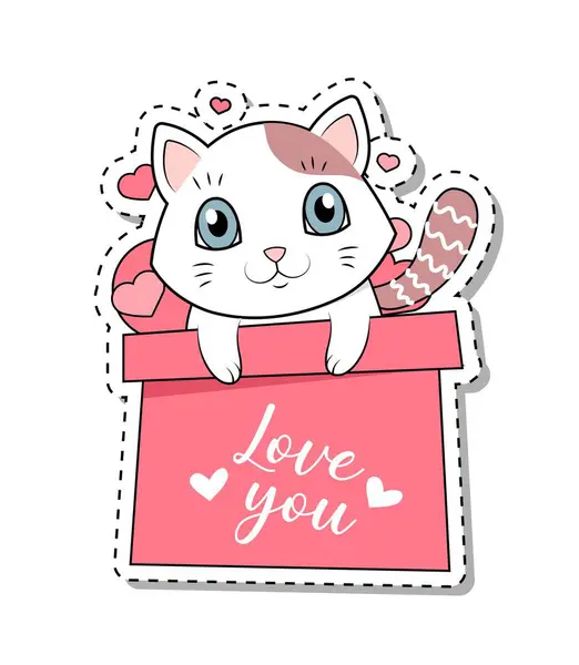 Bílé Okouzlující Kotě Krabici Nápisem Miluje Kočičí Nálepka Valentýna Dárek — Stockový vektor