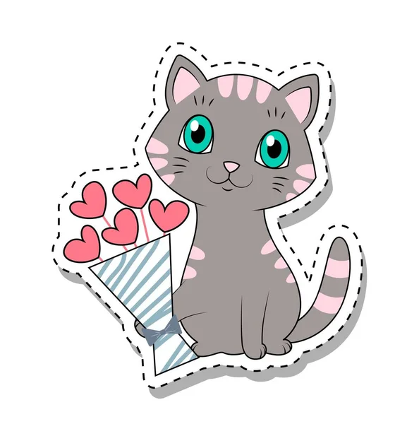 灰色的带花束的小猫 迷人的宠物 爪子上有心形的花 礼物和礼物 卡蒂猫贴纸为情人节 卡通平面矢量插图 — 图库矢量图片