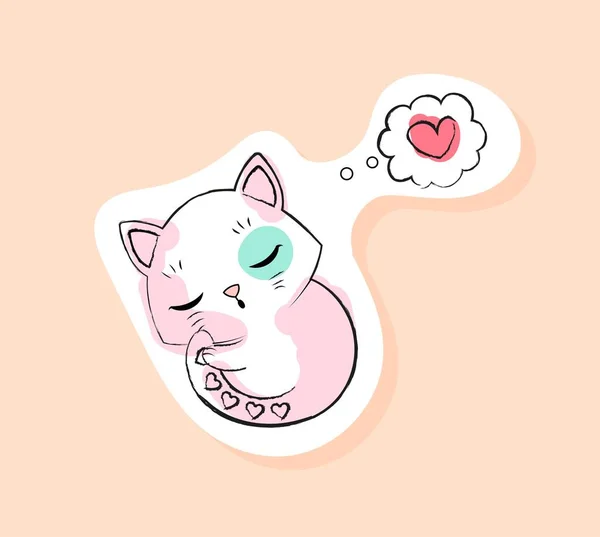 Cat Dreaming Sticker Pink Kitten Lies Sleeps Recuperation Rest Comfort — Stock Vector