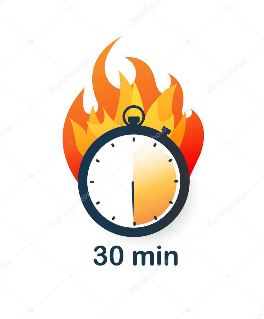 30 minutes clock on fire icon. Half hour, time management and motivation. Organization of effective workflow and deadline. Template, layout and mock up. Cartoon flat vector illustration
