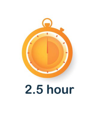 2.5 saat saat simgesi. Sosyal ağlar ve kuryeler için etiket. Düzenli müşteriler için sınırlı teklif, indirimler ve promosyonlar, reklamlar. Poster ya da afiş. Çizgi film düz vektör çizimi