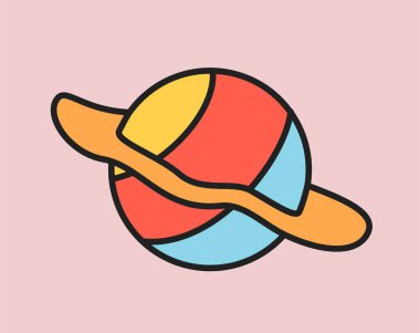 Retro gezegen konsepti. Uydu ile çok renkli küre. Astroloji ve astronomi. Hippi dönemi, 70 'li, 80' li ve 90 'lı yıllarda. Galaksi ve evren. Çizgi film düz vektör çizimi