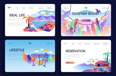 Yaz tatili afişleri. İniş sayfası tasarım koleksiyonu. Tatil için tropikal bir ülkede tatil. Deniz kıyısı ve palmiyeli deniz kıyısı. Çizgi film düz vektör çizimleri koyu arkaplanda izole