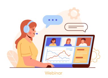 Webinar izleyen bir kadın. Kulaklıklı, dizüstü bilgisayarlı genç bir kız oturur ve internette video dersleri izler. Mesafe eğitimi. Uzaktan eğitim ya da online ders. Çizgi film düz vektör çizimi