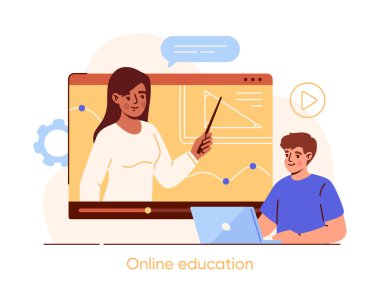 Çevrimiçi eğitim kavramı. Adam dizüstü bilgisayarda oturur ve bir kadından ders izler. Ödev yapan öğrenci, sınav ya da sınava hazırlanıyor. Dijital okul ya da üniversite. Çizgi film düz vektör çizimi